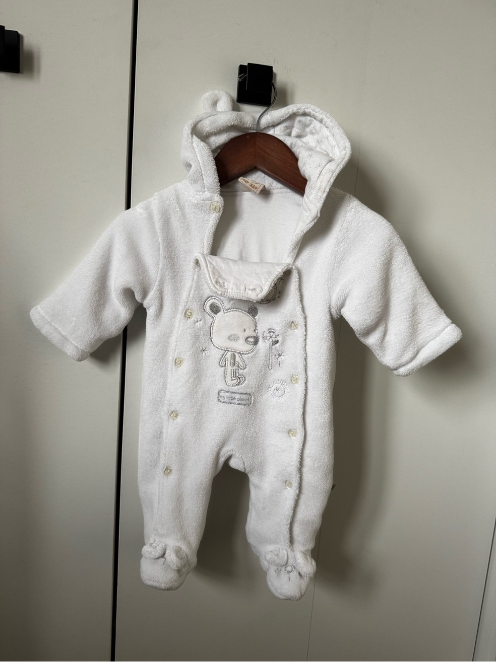 White Teddy Embroidered Hooded Footie One-Piece